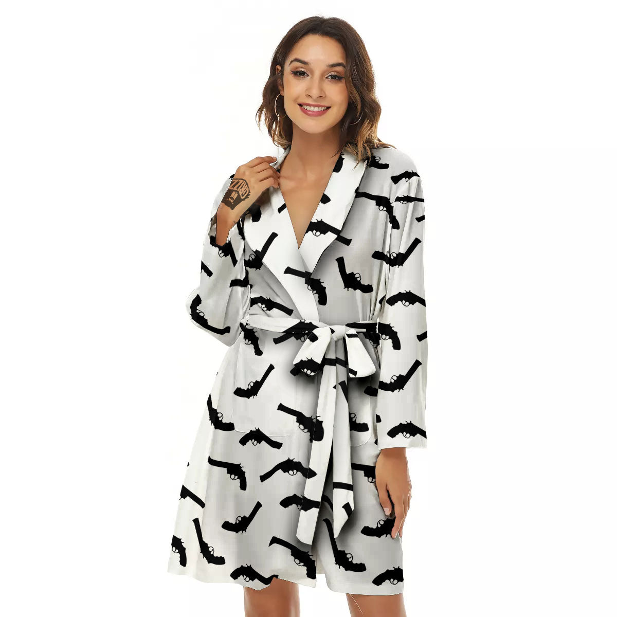 Guns White And Black Print Pattern Women's Robe-grizzshop