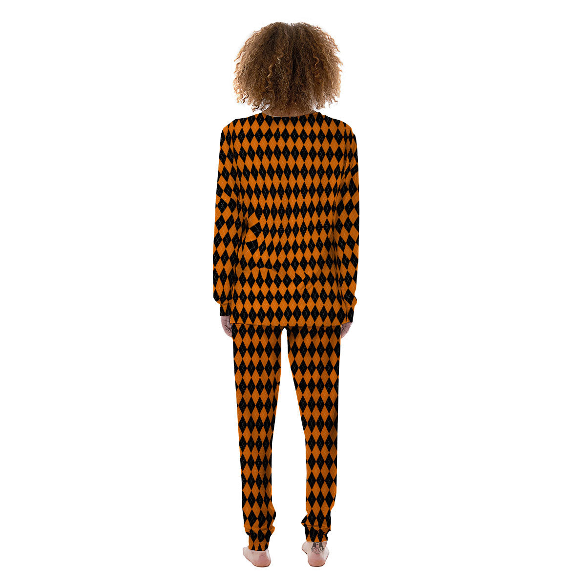 Halloween Argyle Black And Orange Print Women's Pajamas-grizzshop