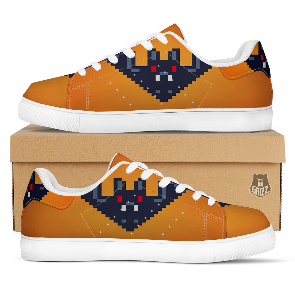 Halloween Bat 8-Bit Pixel Print White Low Top Sneakers-grizzshop