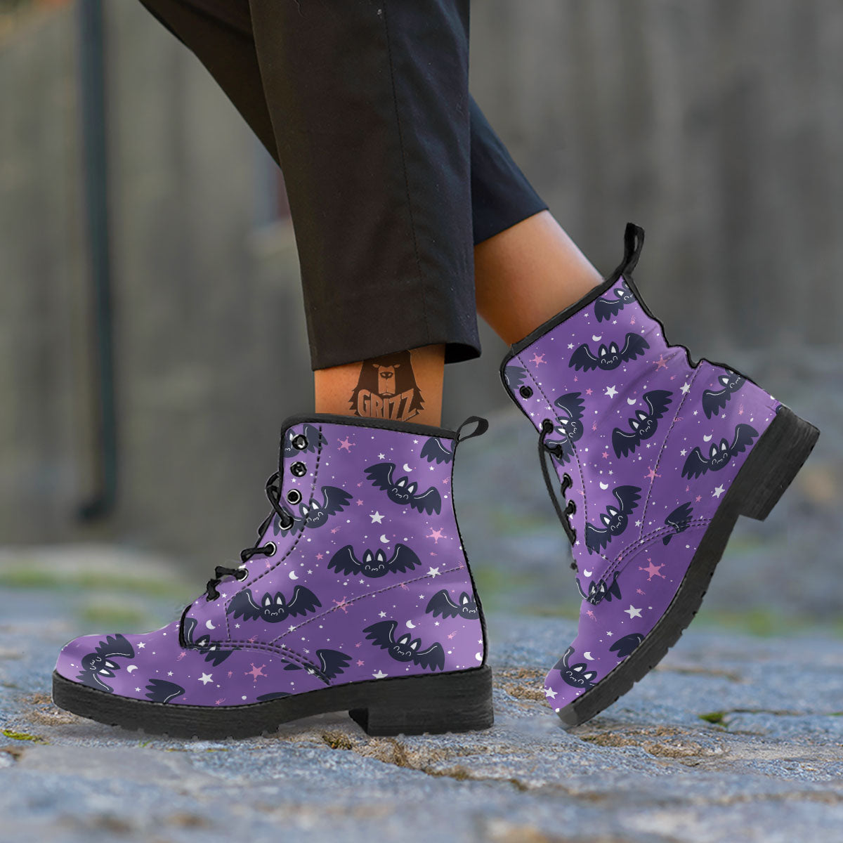 Halloween Bat Black And Purple Print Leather Boots-grizzshop