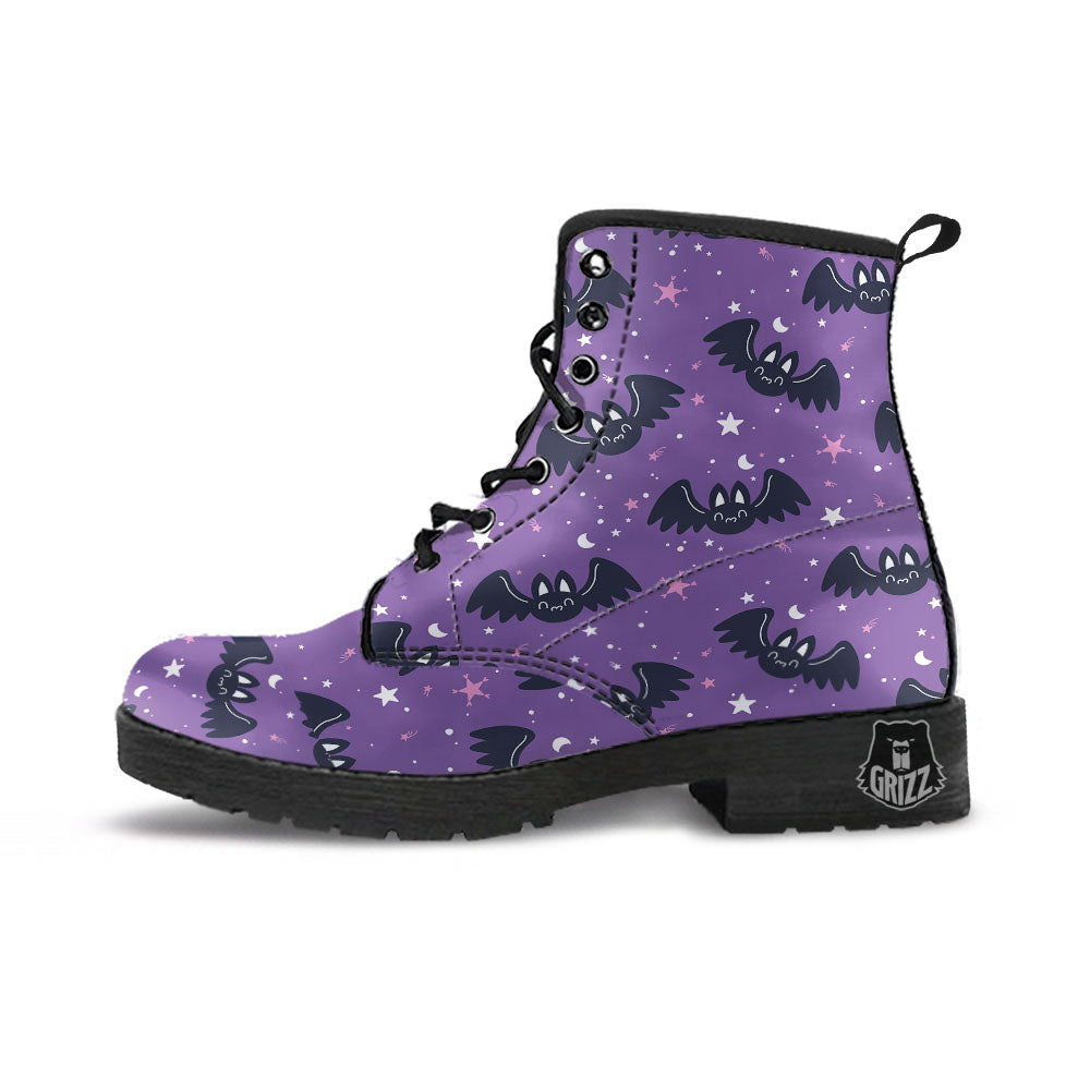Halloween Bat Black And Purple Print Leather Boots-grizzshop
