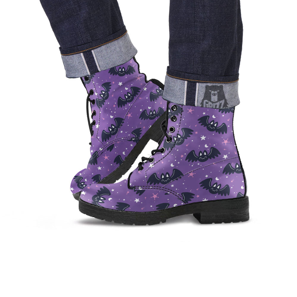 Halloween Bat Black And Purple Print Leather Boots-grizzshop