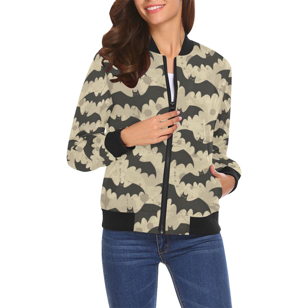 Halloween Bat Pattern Print Women Casual Bomber Jacket-grizzshop