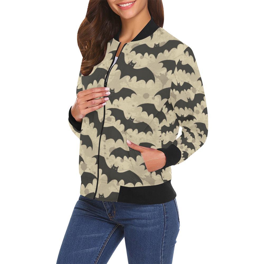 Halloween Bat Pattern Print Women Casual Bomber Jacket-grizzshop