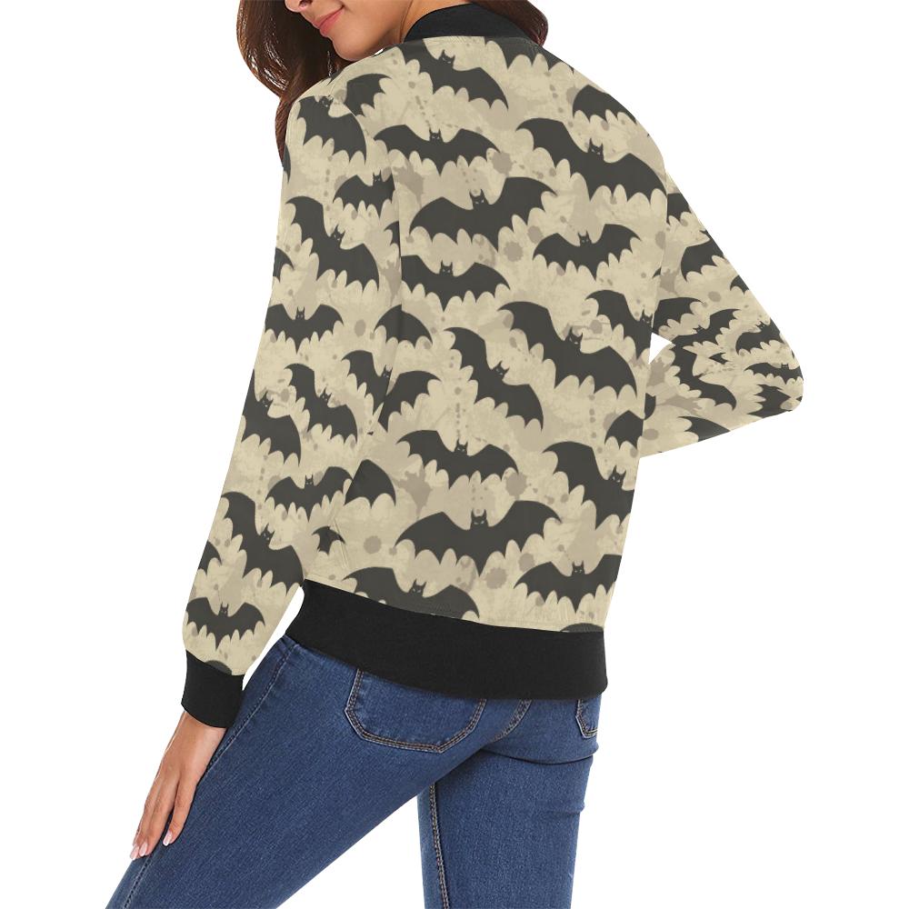 Halloween Bat Pattern Print Women Casual Bomber Jacket-grizzshop