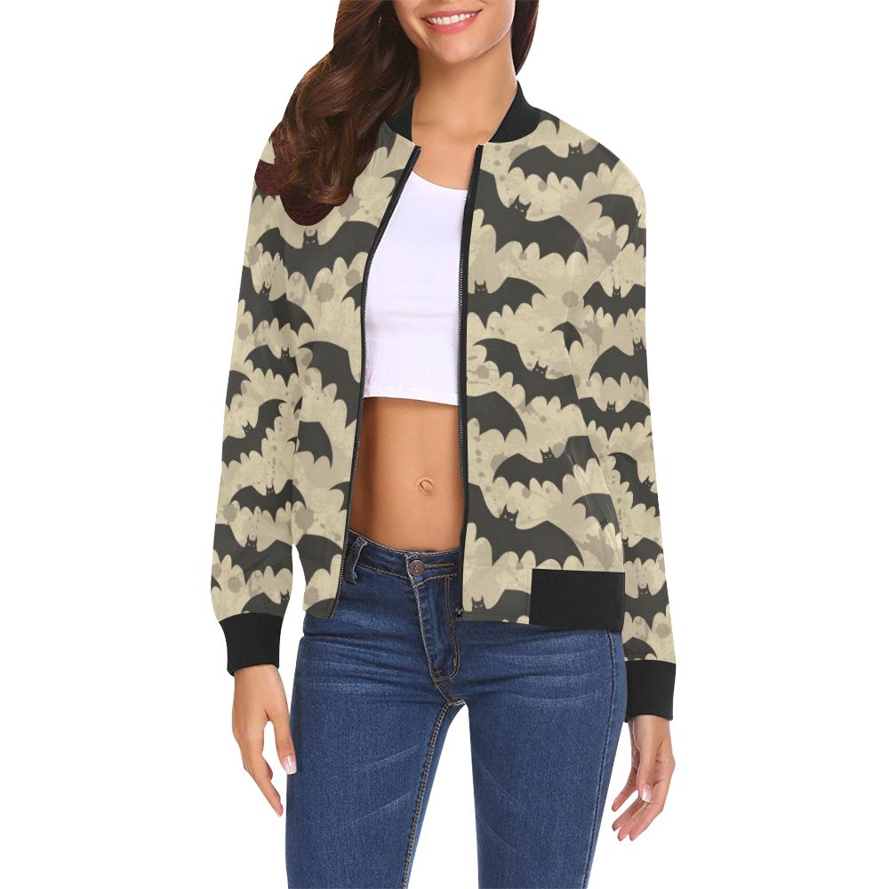 Halloween Bat Pattern Print Women Casual Bomber Jacket-grizzshop