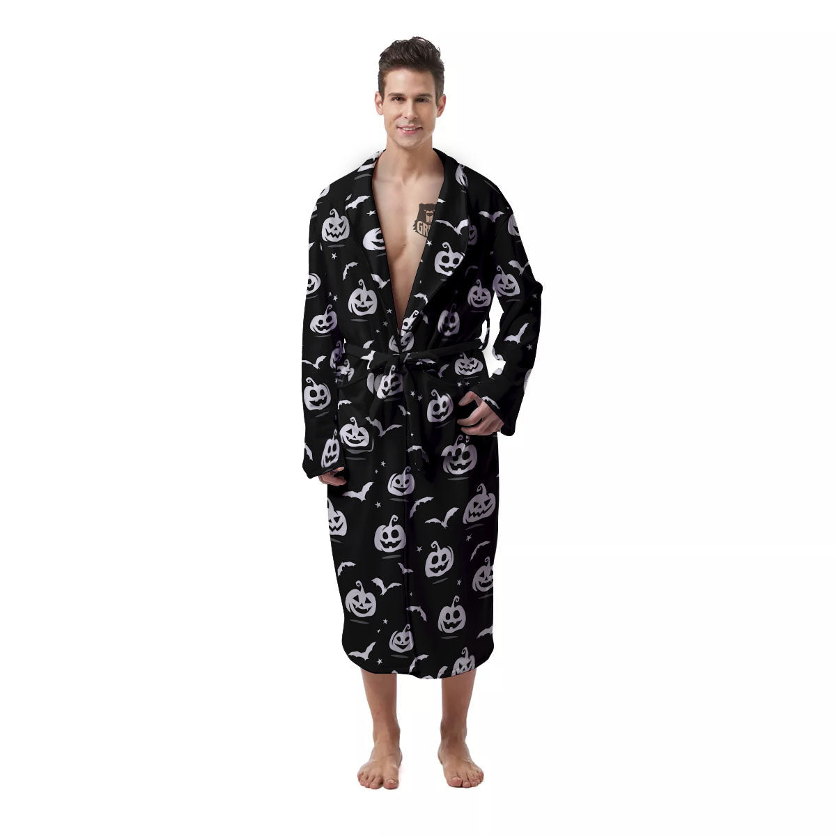 Halloween Bat White And Black Print Men's Robe-grizzshop