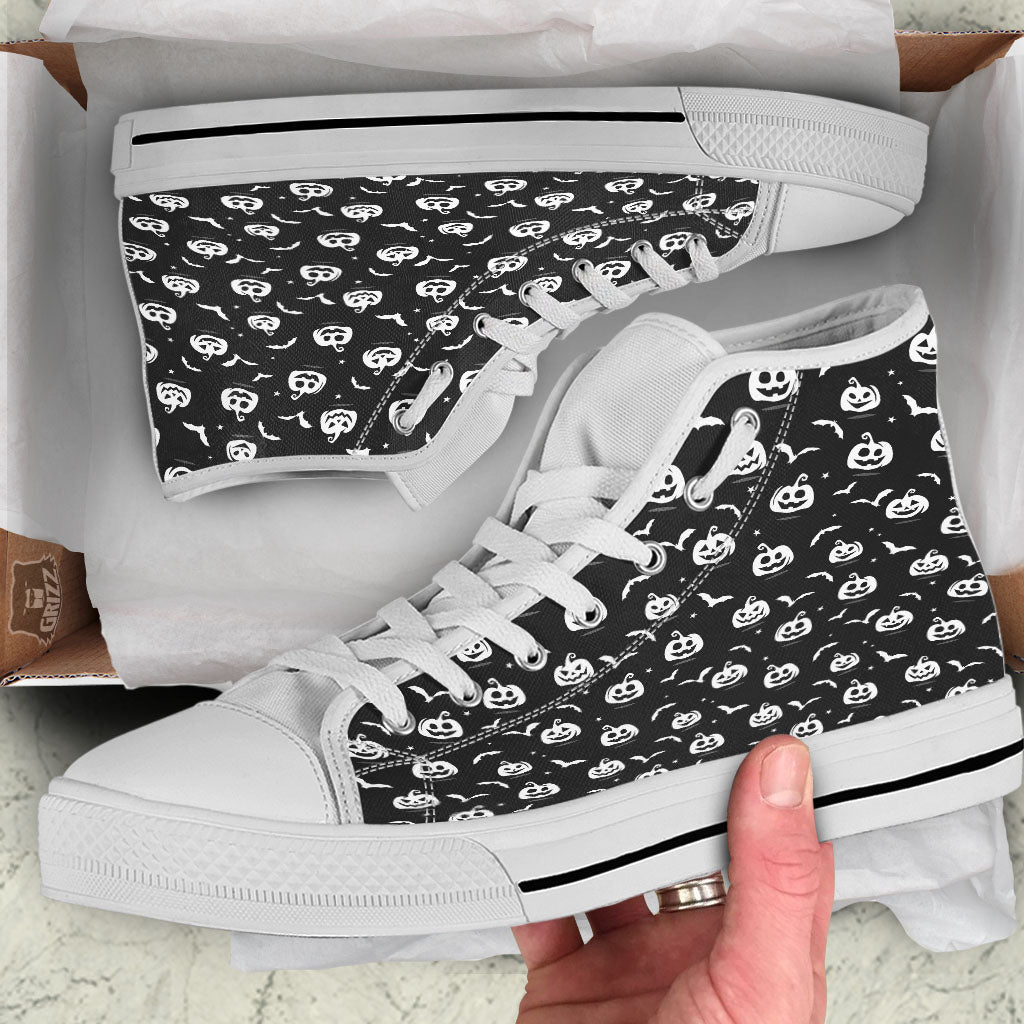 Halloween Bat White And Black Print White High Top Shoes-grizzshop