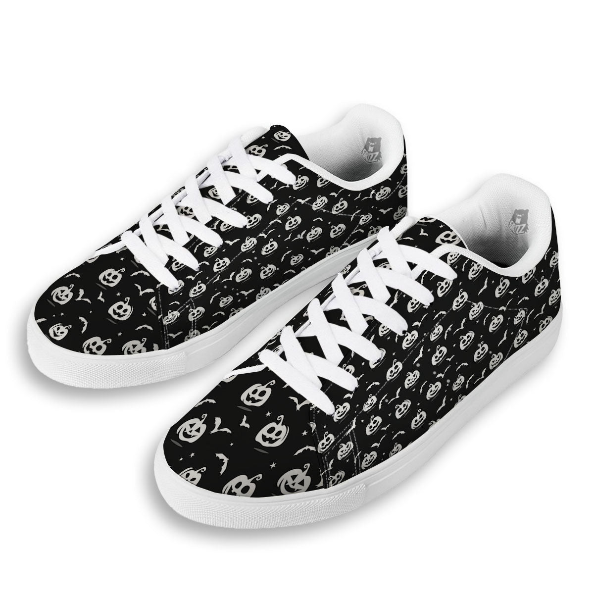 Halloween Bat White And Black Print White Low Top Sneakers-grizzshop