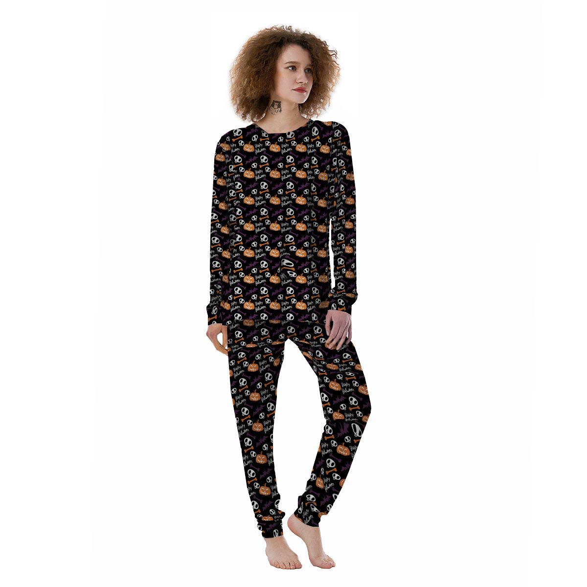 Halloween Black And Orange Print Pattern Women's Pajamas-grizzshop