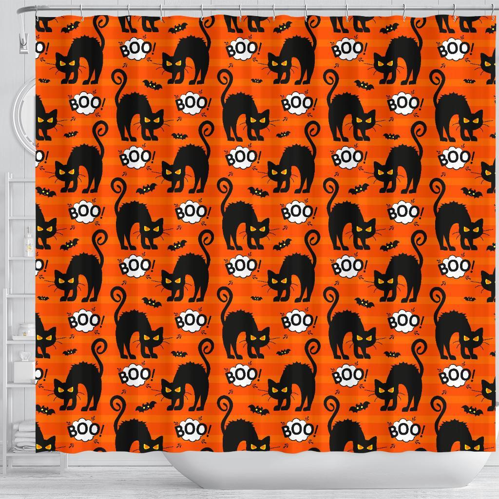 Halloween Black Cat Pattern Print Bathroom Shower Curtain-grizzshop