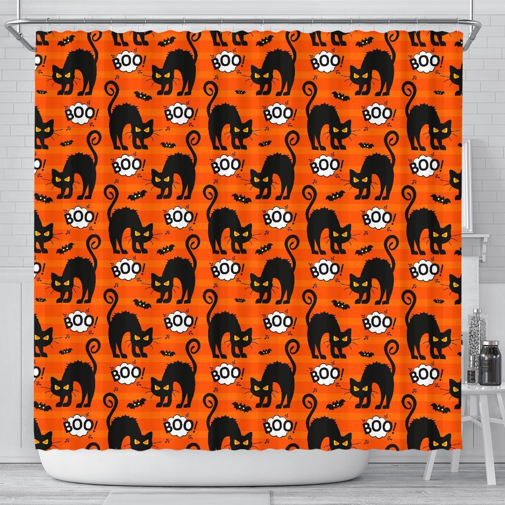 Halloween Black Cat Pattern Print Bathroom Shower Curtain-grizzshop