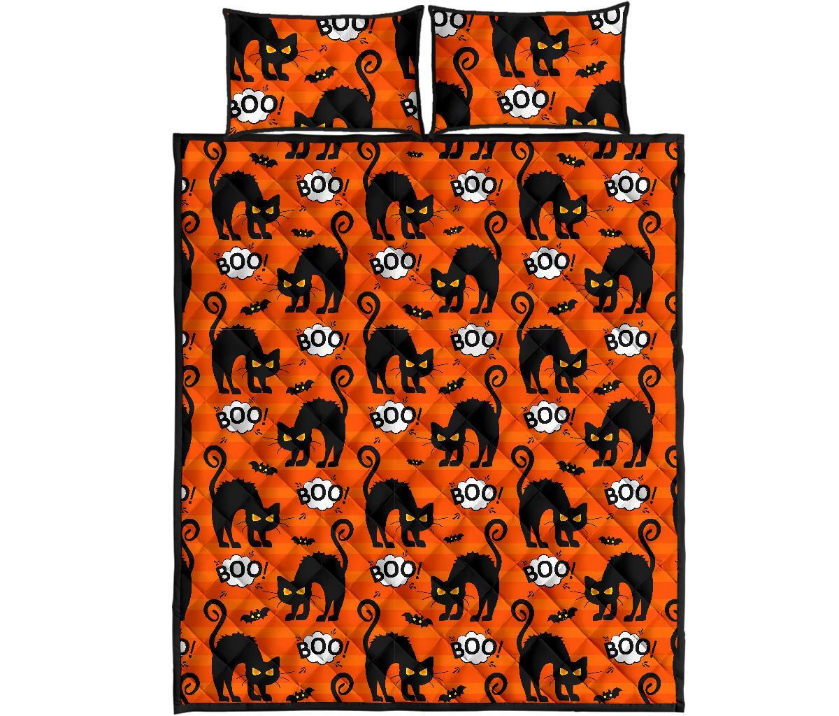 Halloween Black Cat Pattern Print Bed Set Quilt-grizzshop