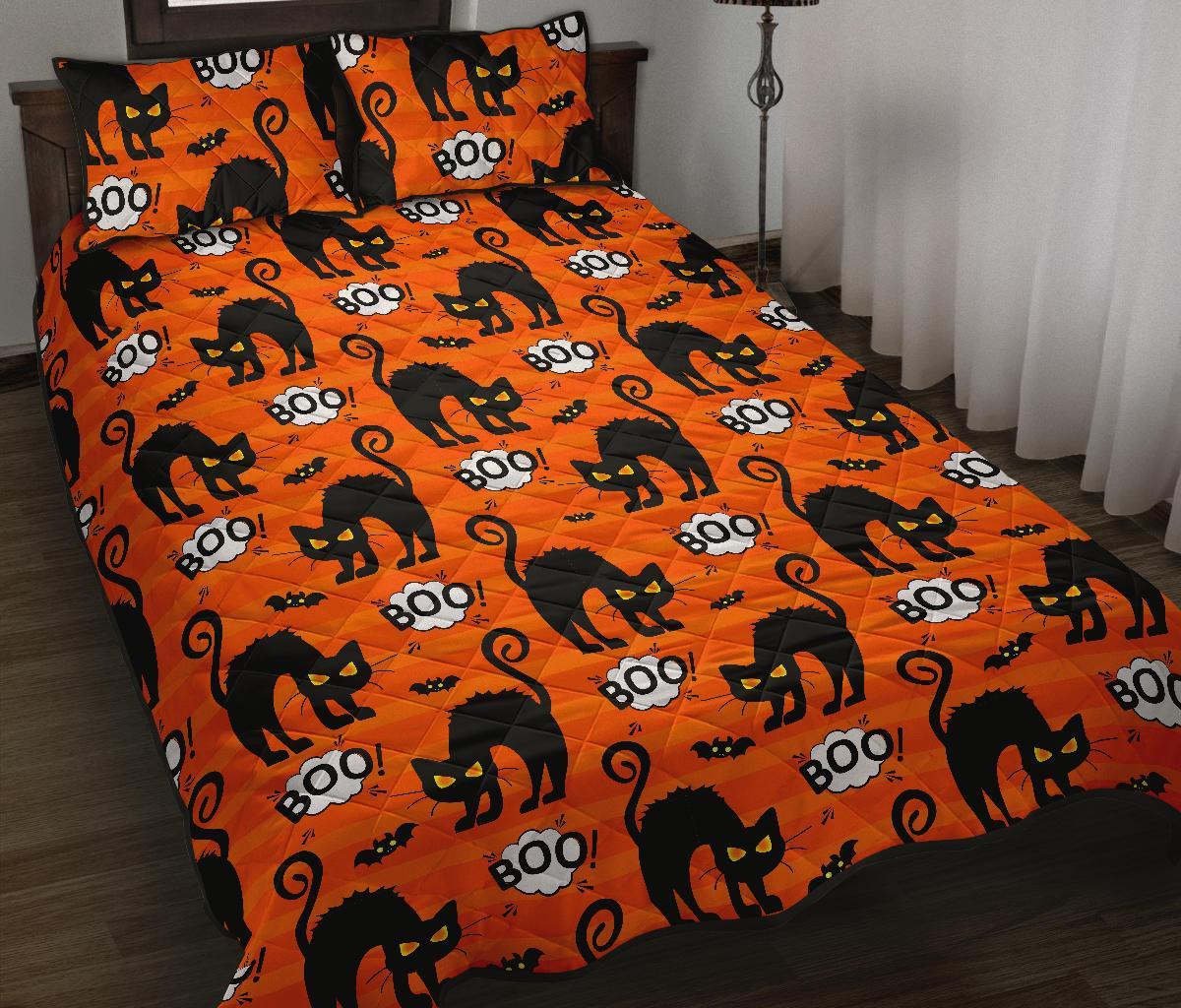 Halloween Black Cat Pattern Print Bed Set Quilt-grizzshop