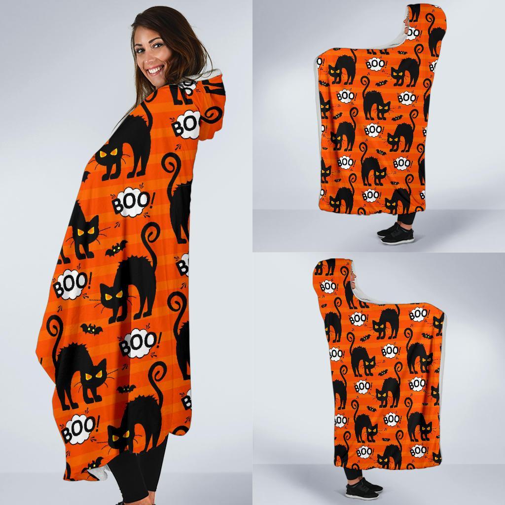 Halloween Black Cat Pattern Print Hooded Blanket-grizzshop