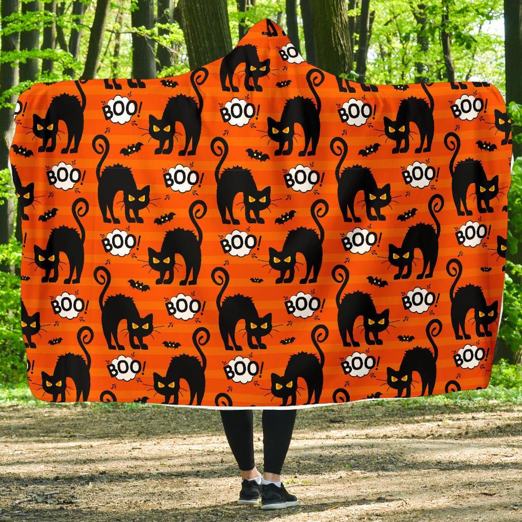 Halloween Black Cat Pattern Print Hooded Blanket-grizzshop