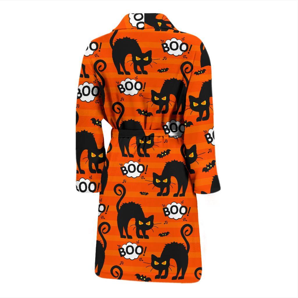 Halloween Black Cat Pattern Print Men Long Robe-grizzshop