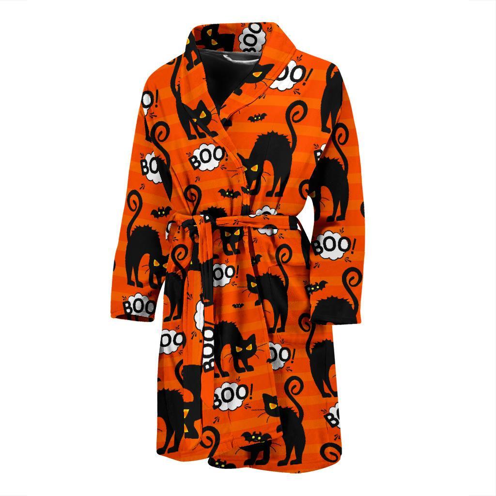 Halloween Black Cat Pattern Print Men Long Robe-grizzshop