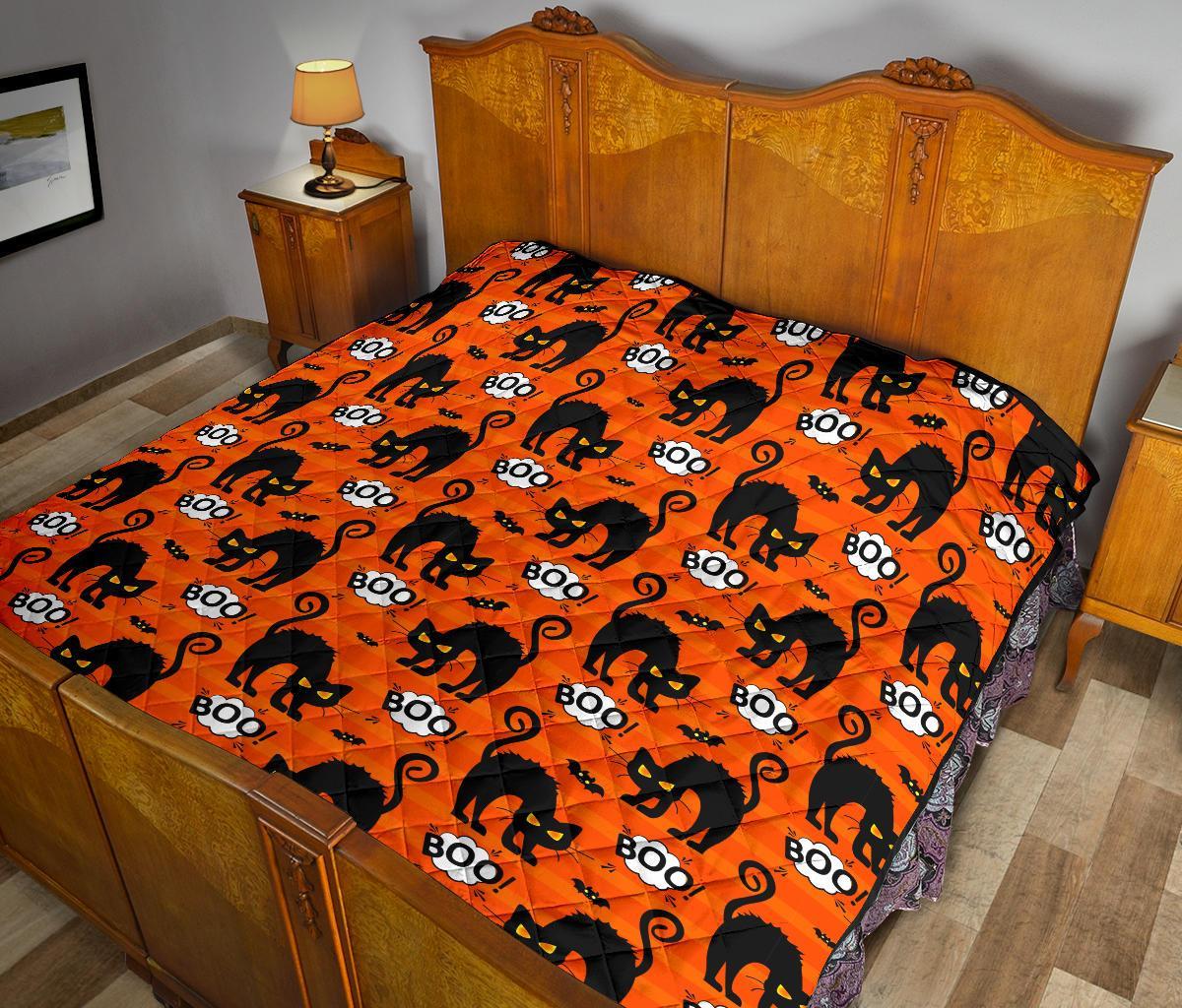 Halloween Black Cat Pattern Print Quilt-grizzshop