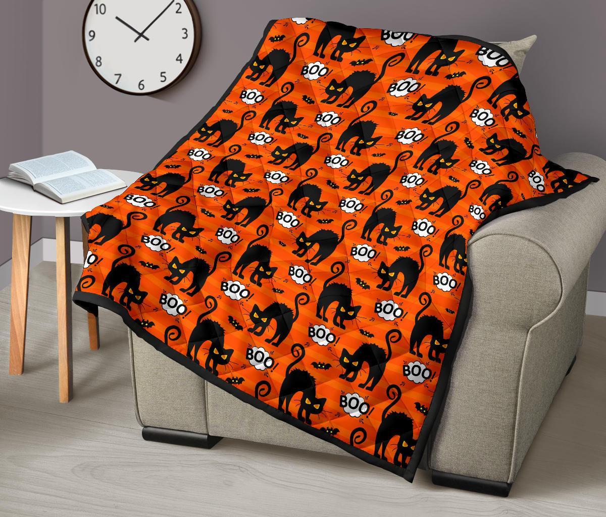 Halloween Black Cat Pattern Print Quilt-grizzshop