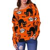 Halloween Black Cat Pattern Print Women Off Shoulder Sweatshirt-grizzshop