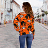 Halloween Black Cat Pattern Print Women Off Shoulder Sweatshirt-grizzshop