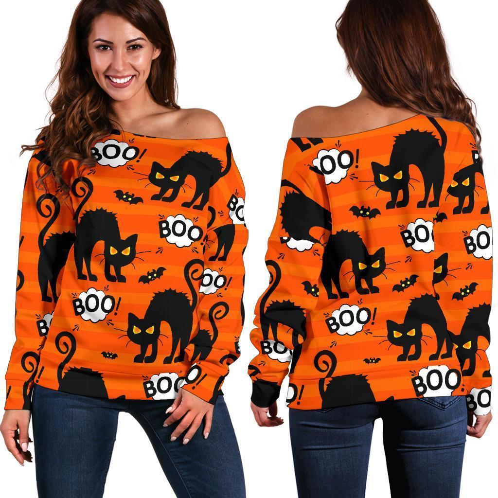 Halloween Black Cat Pattern Print Women Off Shoulder Sweatshirt-grizzshop