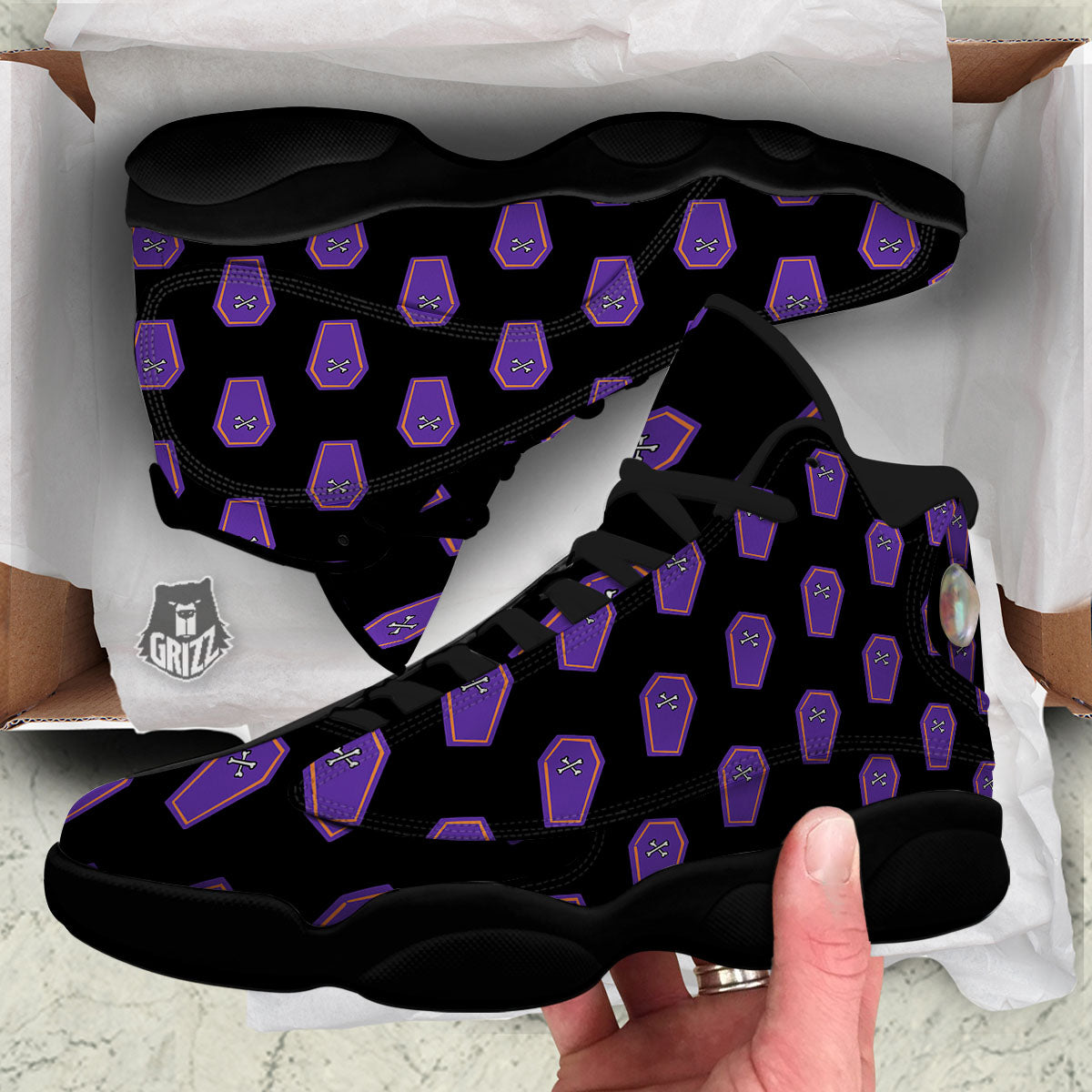 Halloween Coffin Purple Print Pattern Black Basketball Shoes-grizzshop