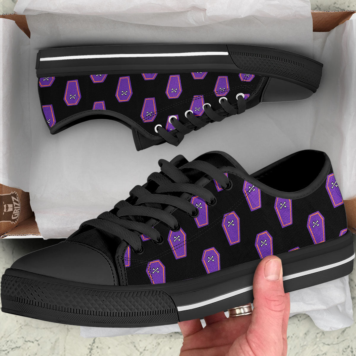 Halloween Coffin Purple Print Pattern Black Low Top Shoes-grizzshop
