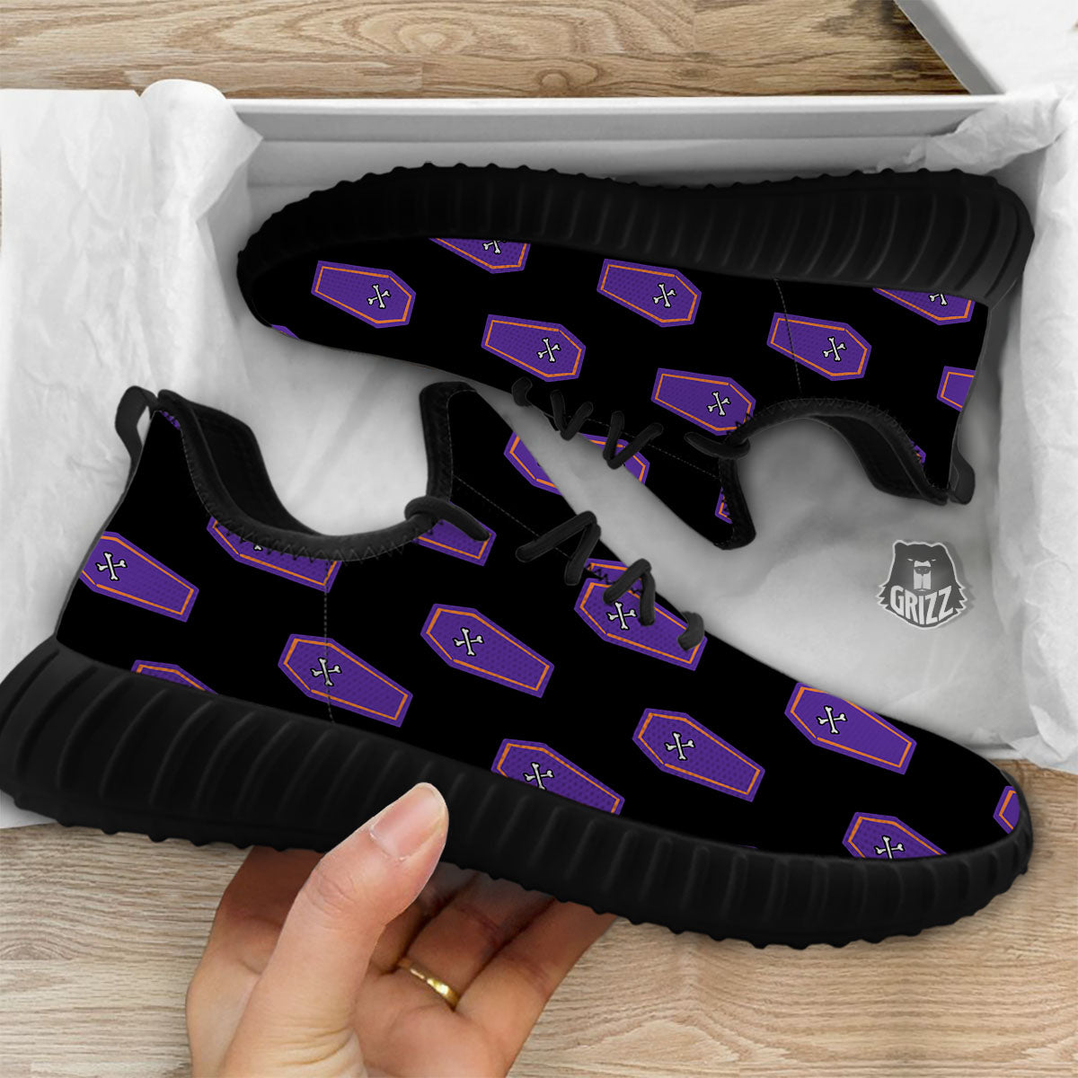 Halloween Coffin Purple Print Pattern Black Walking Shoes-grizzshop