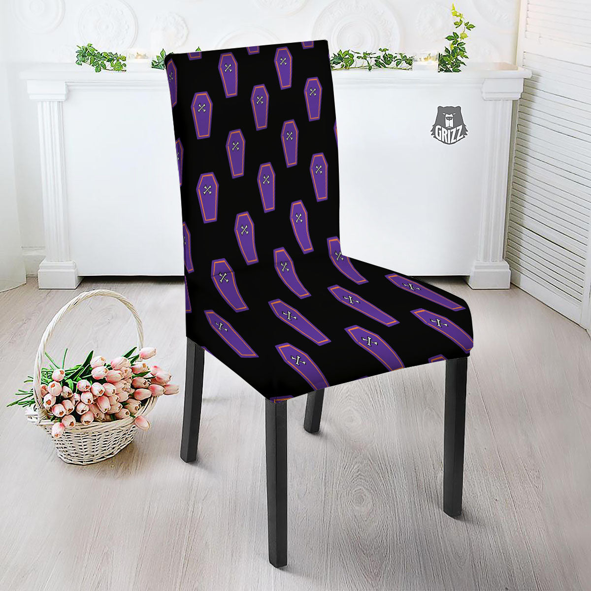 Halloween Coffin Purple Print Pattern Dining Chair Slipcover-grizzshop