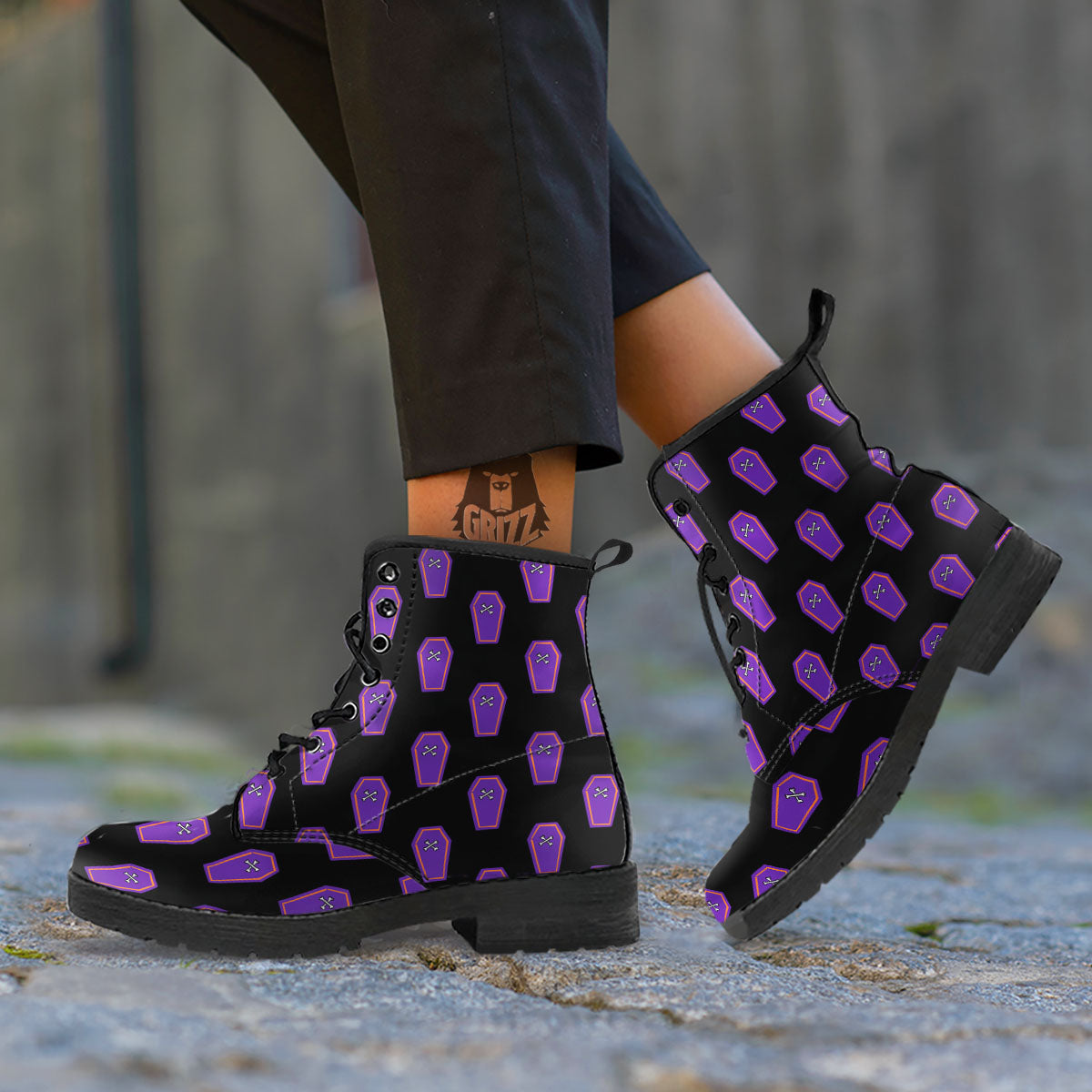 Halloween Coffin Purple Print Pattern Leather Boots-grizzshop
