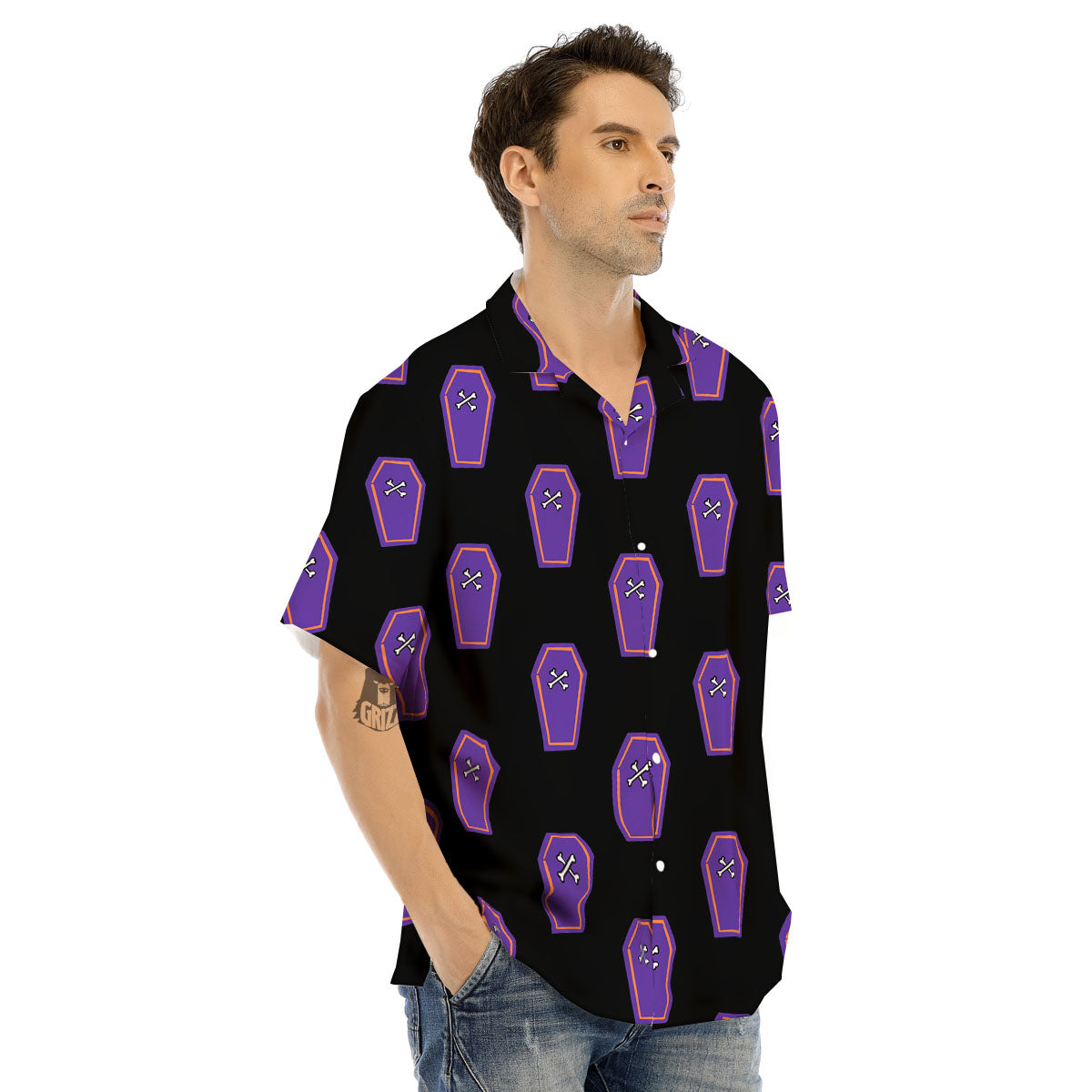 Halloween Coffin Purple Print Pattern Men's Hawaiian Shirt-grizzshop
