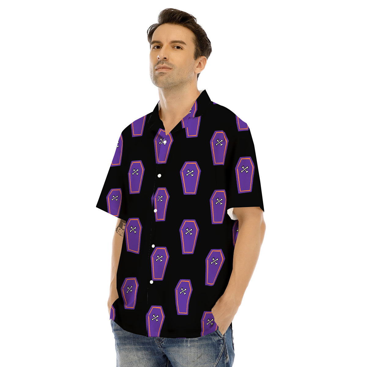 Halloween Coffin Purple Print Pattern Men's Hawaiian Shirt-grizzshop