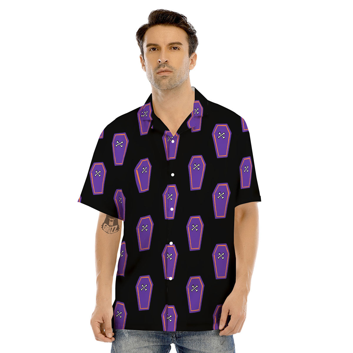 Halloween Coffin Purple Print Pattern Men's Hawaiian Shirt-grizzshop