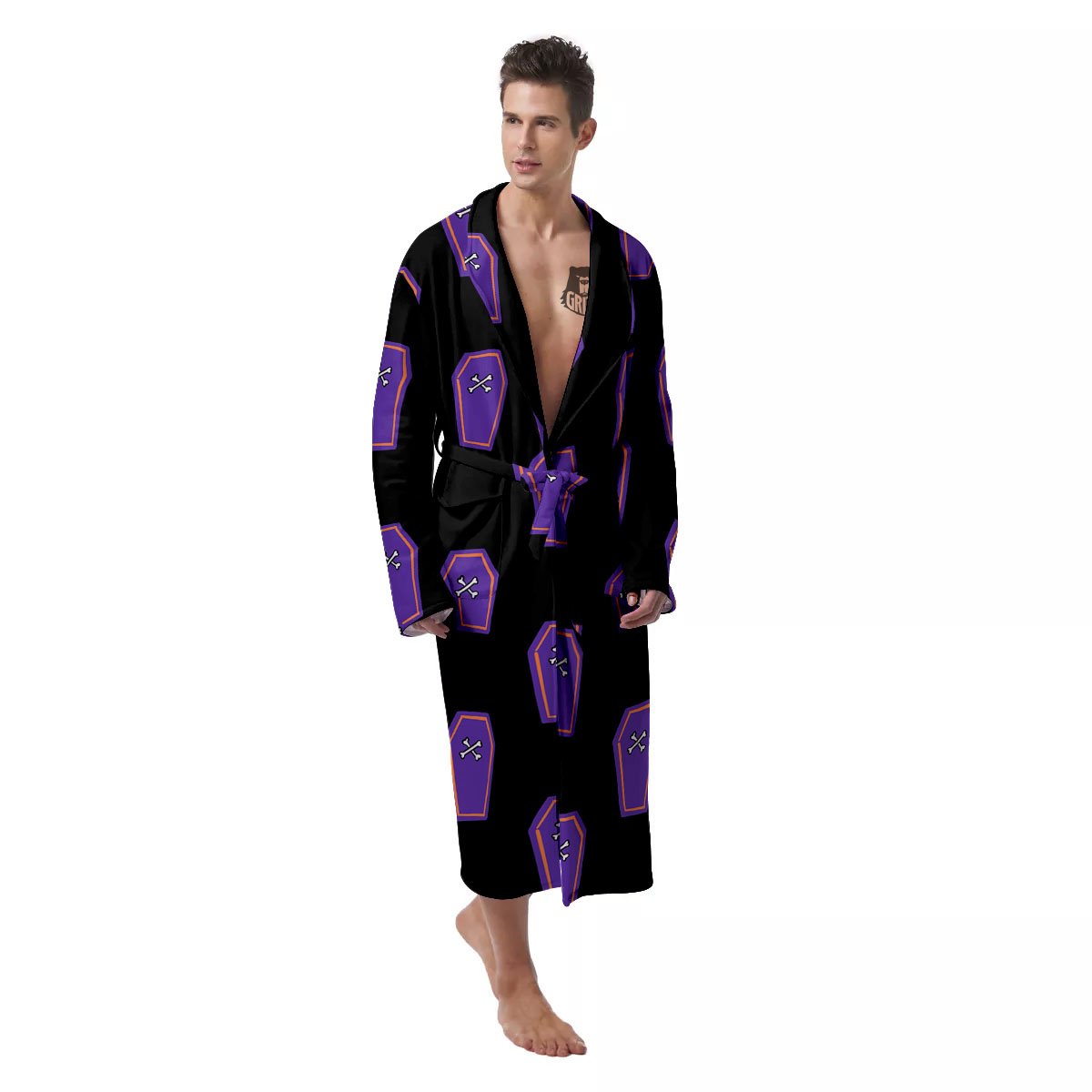 Halloween Coffin Purple Print Pattern Men's Robe-grizzshop