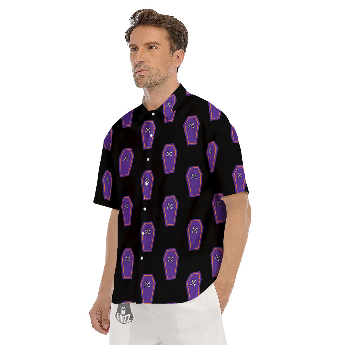 Halloween Coffin Purple Print Pattern Men's Short Sleeve Shirts-grizzshop
