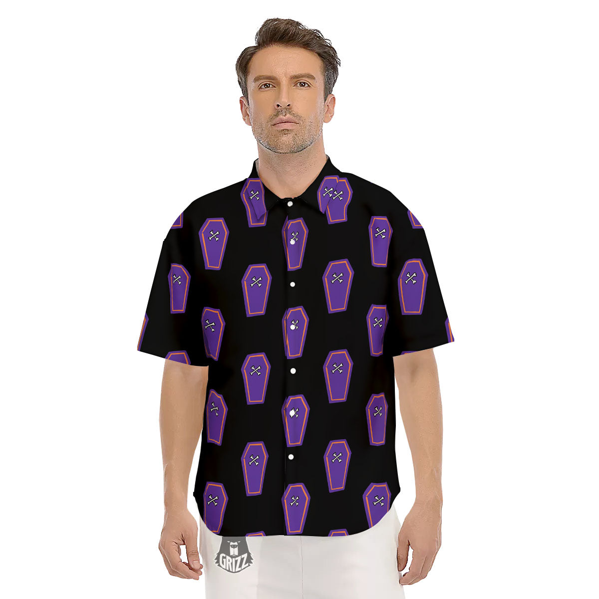 Halloween Coffin Purple Print Pattern Men's Short Sleeve Shirts-grizzshop