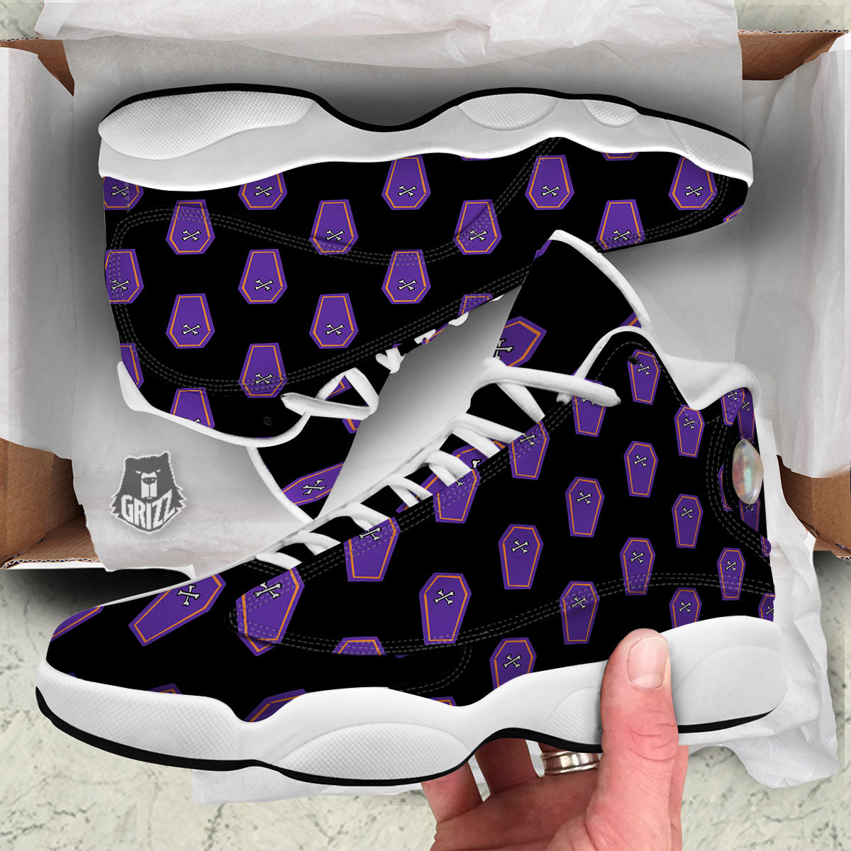 Halloween Coffin Purple Print Pattern White Basketball Shoes-grizzshop
