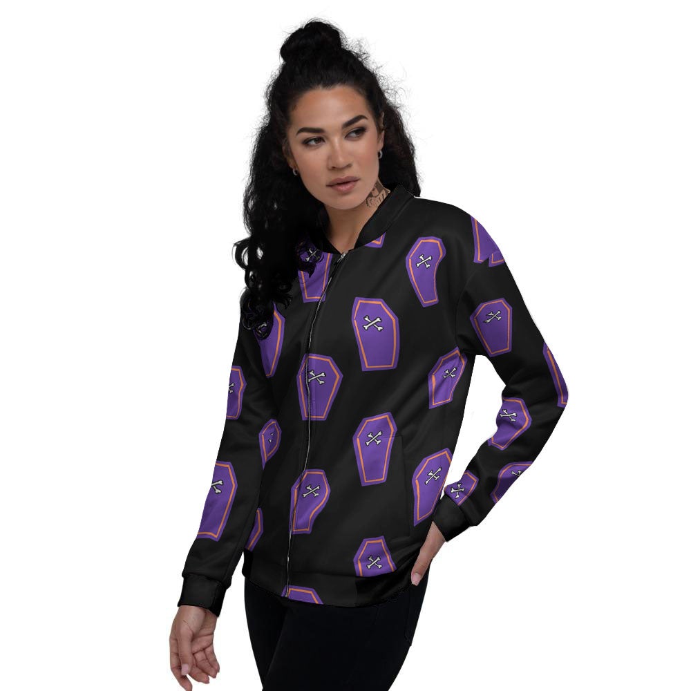 Halloween Coffin Purple Print Pattern Women's Bomber Jacket-grizzshop