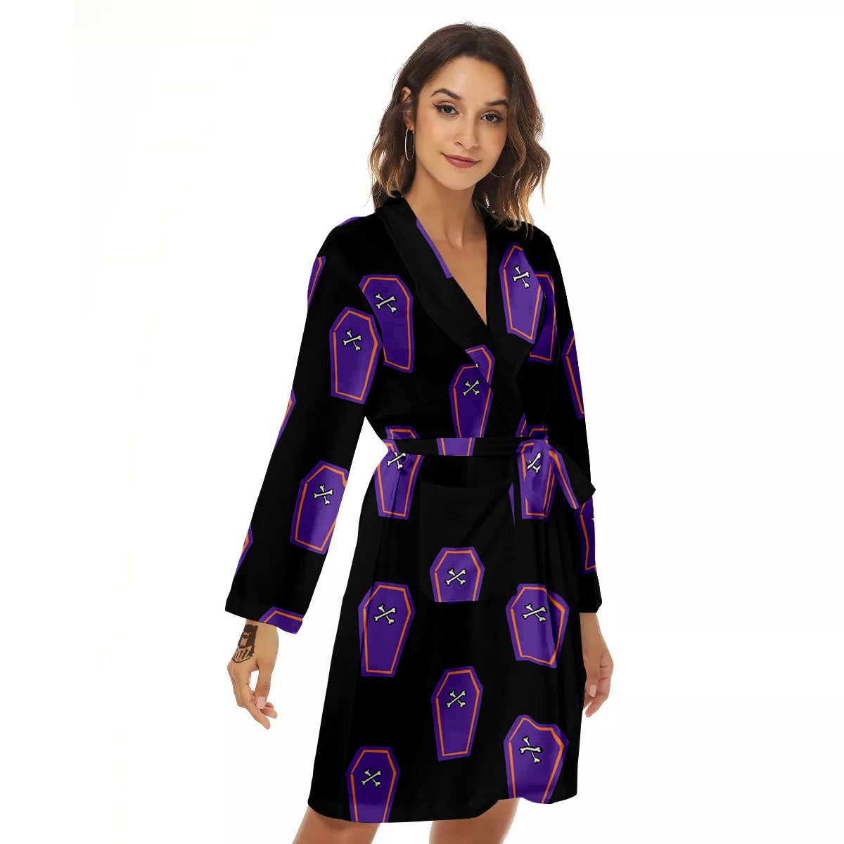 Halloween Coffin Purple Print Pattern Women's Robe-grizzshop