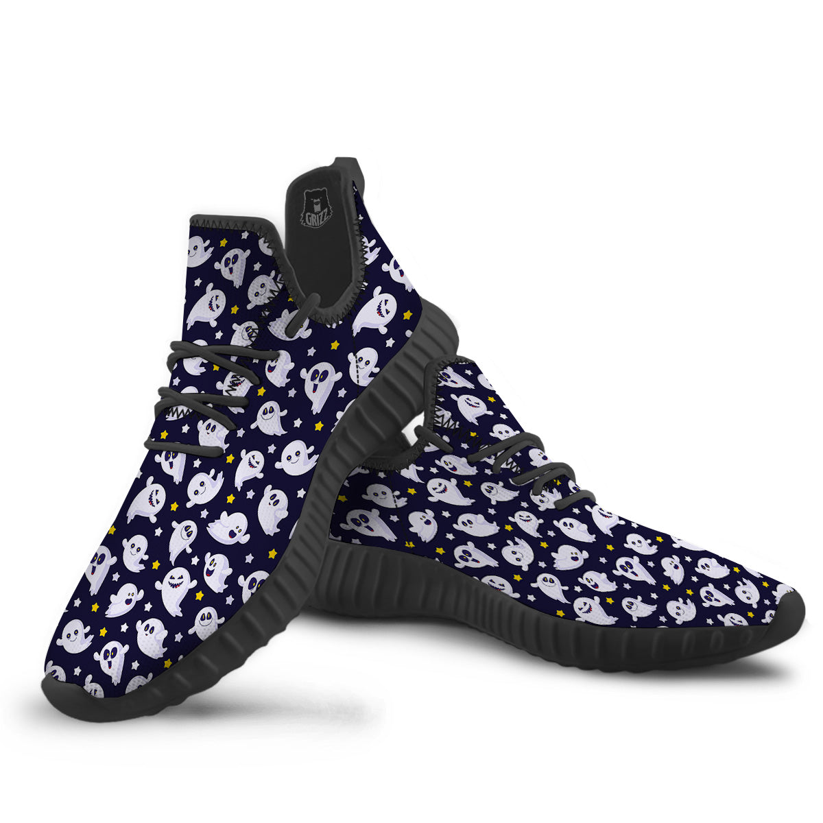 Halloween Cute Ghost Emoji Print Pattern Black Walking Shoes-grizzshop