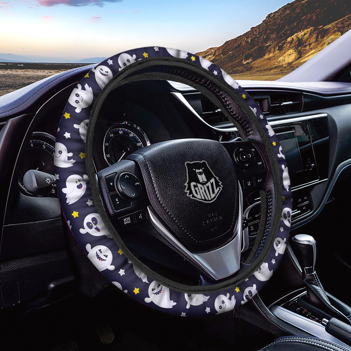 Halloween Cute Ghost Emoji Print Pattern Car Steering Wheel Cover-grizzshop