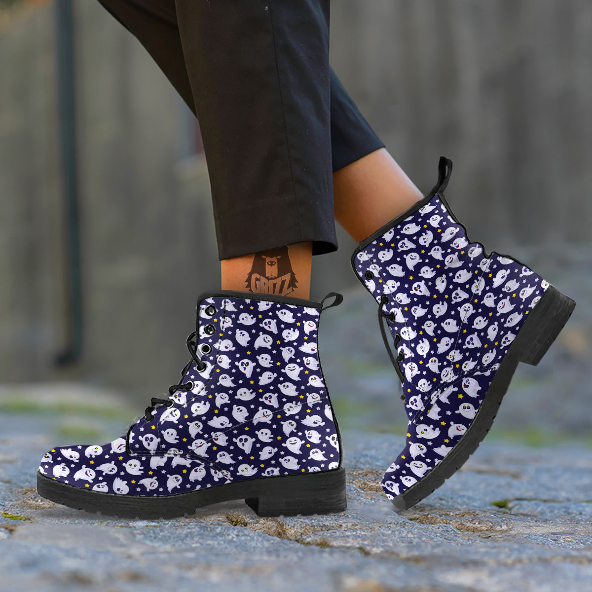 Halloween Cute Ghost Emoji Print Pattern Leather Boots-grizzshop