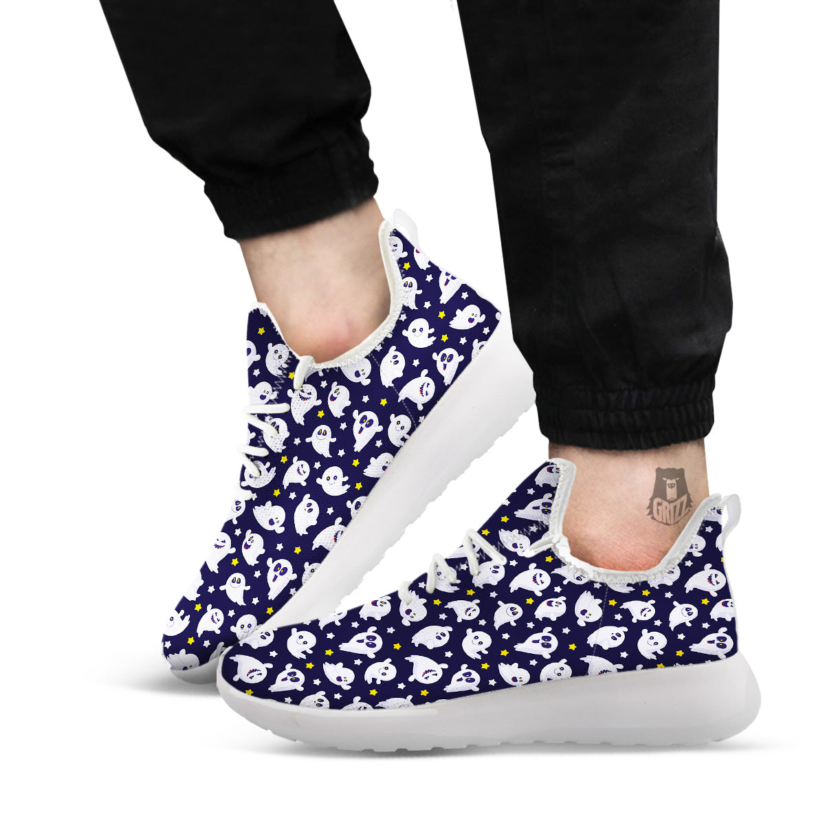 Halloween Cute Ghost Emoji Print Pattern White Athletic Shoes-grizzshop