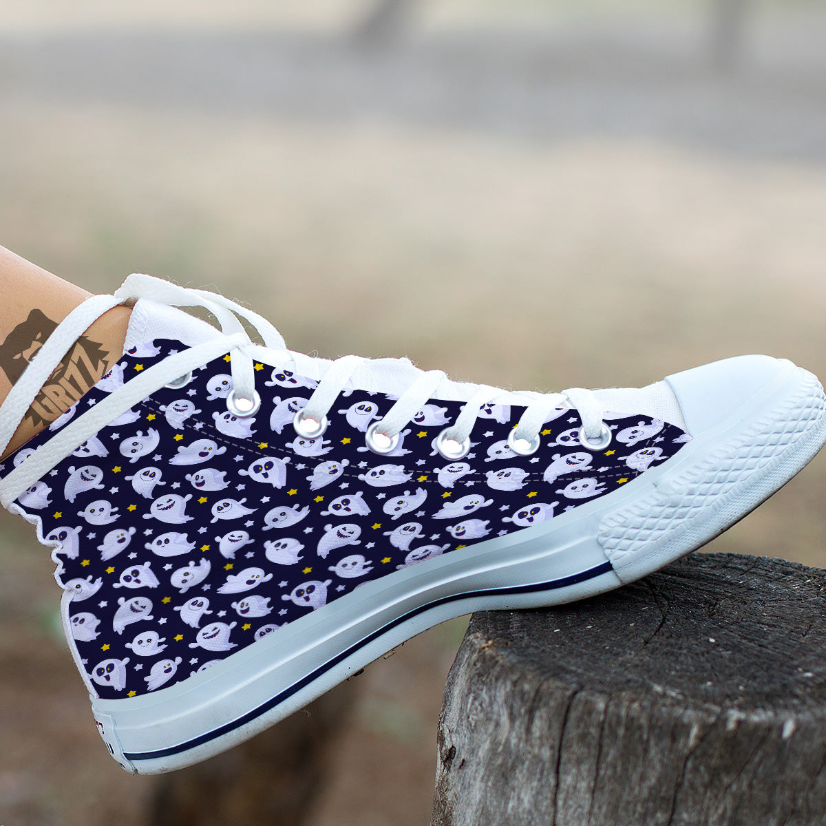 Halloween Cute Ghost Emoji Print Pattern White High Top Shoes-grizzshop