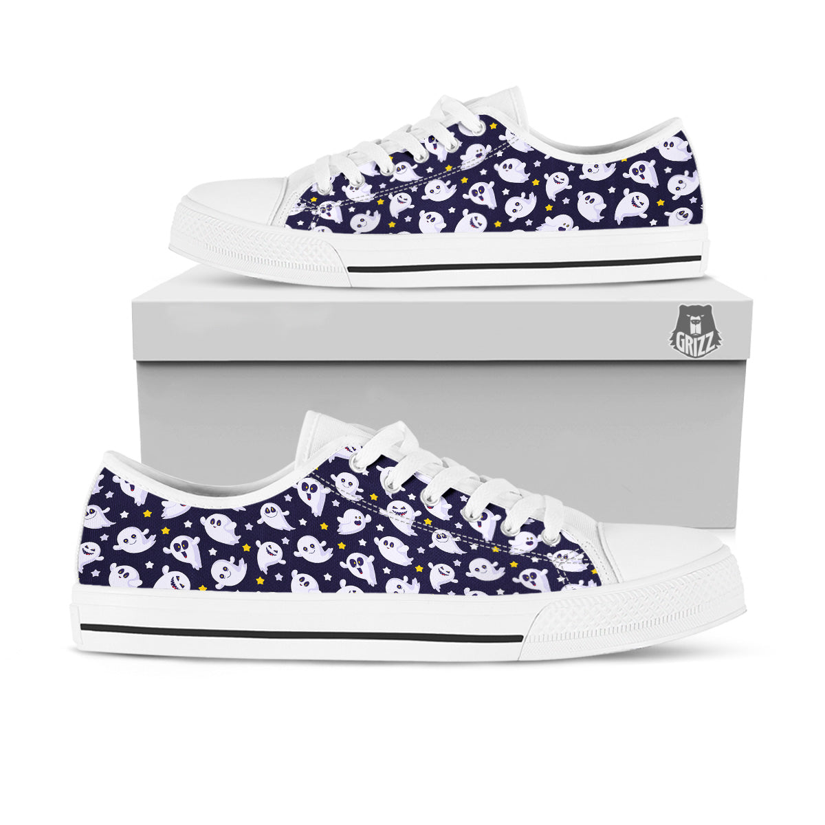 Halloween Cute Ghost Emoji Print Pattern White Low Top Shoes-grizzshop