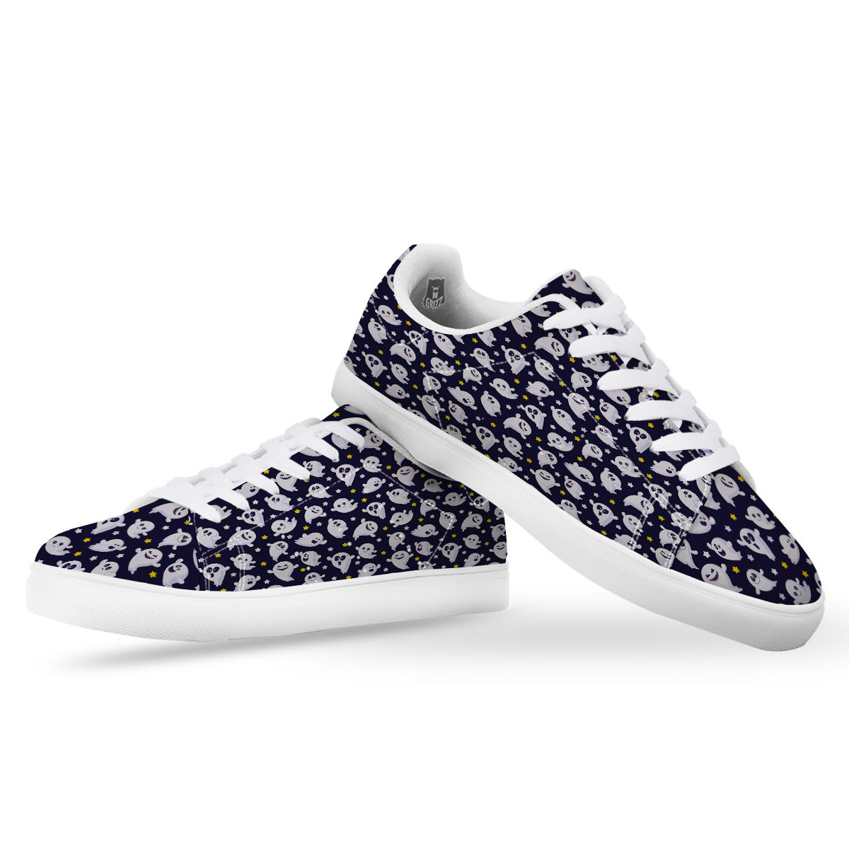 Halloween Cute Ghost Emoji Print Pattern White Low Top Sneakers-grizzshop