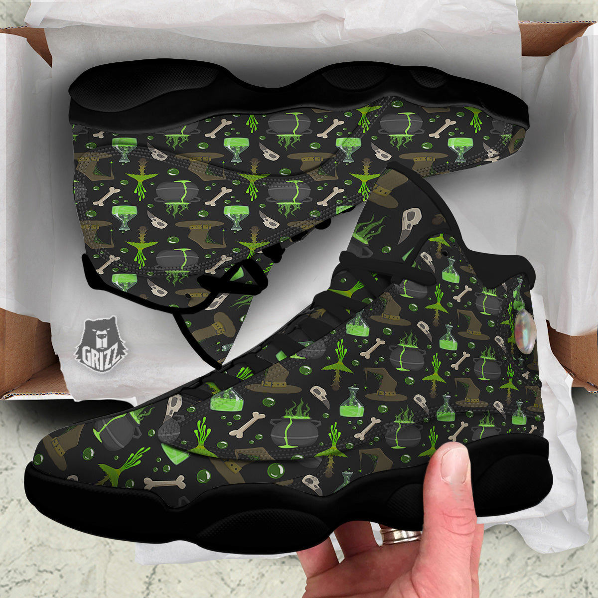Halloween Green Poison Witch Print Pattern Black Basketball Shoes-grizzshop