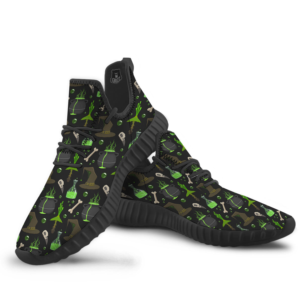 Halloween Green Poison Witch Print Pattern Black Walking Shoes-grizzshop